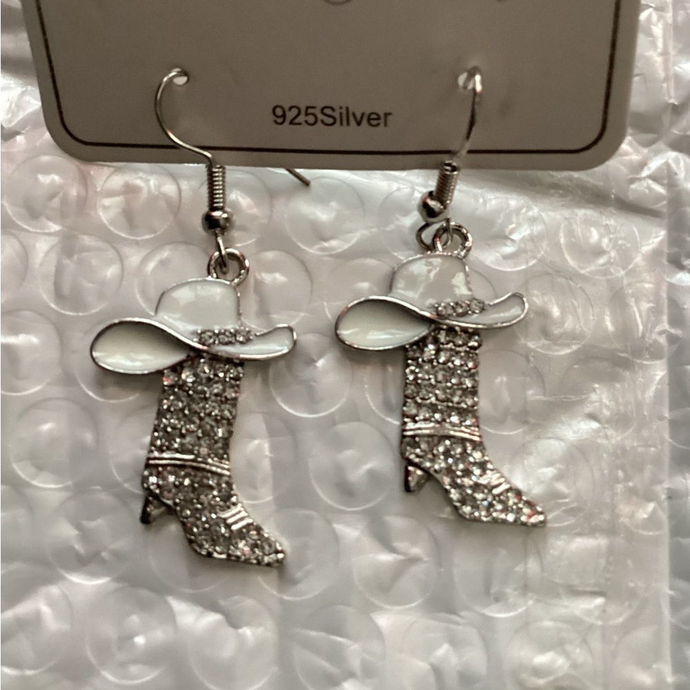 Silver & White Cowboy Hat Earrings - Picture 2 of 3